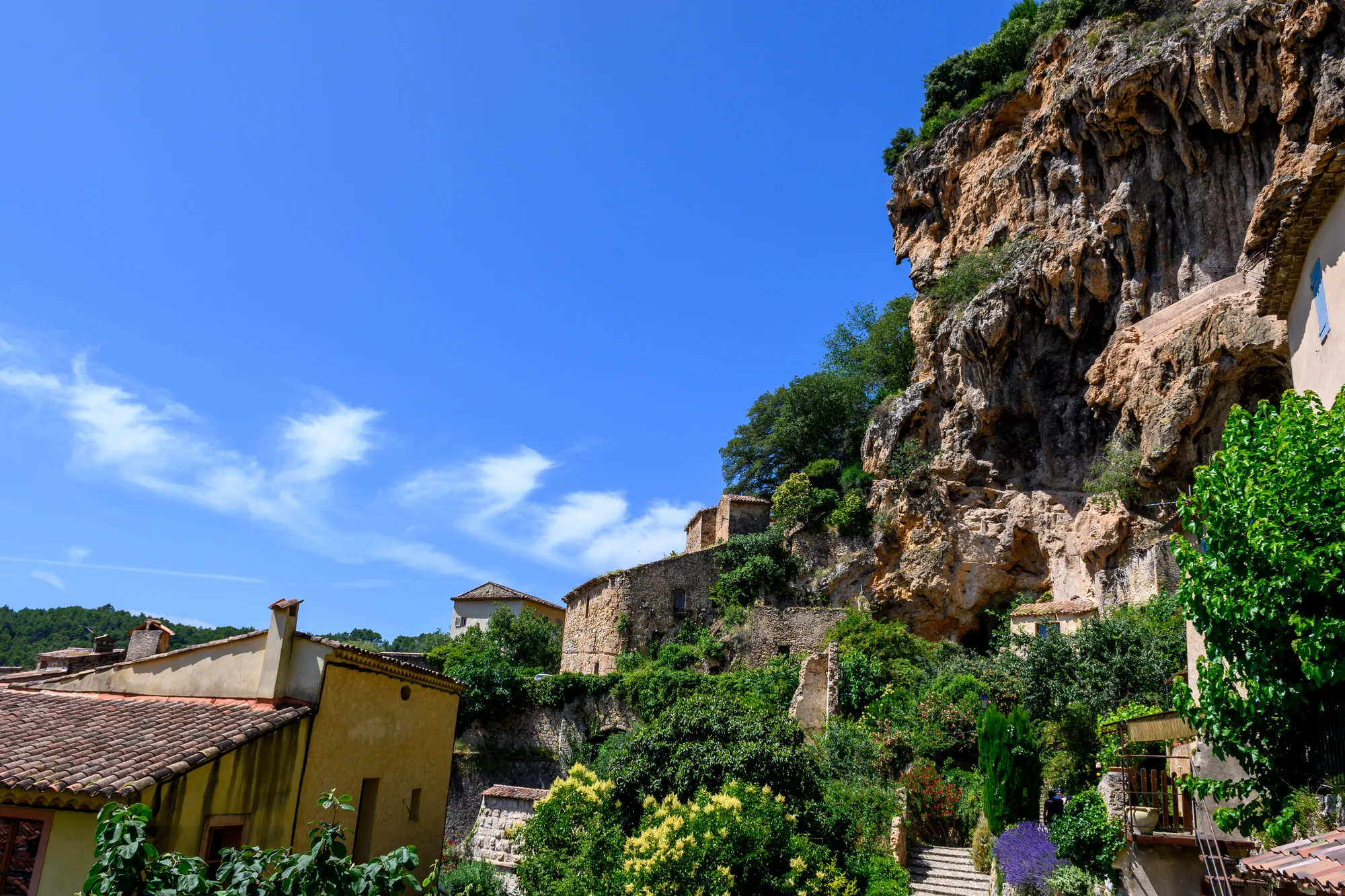 The village of Cotignac set against its tufa cliff in Provence