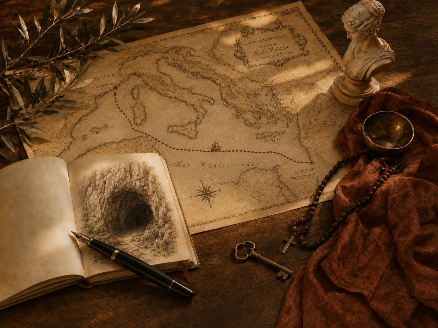 An antique map of Mary Magdalene's voyage from Palestine to Provence, with notebook and rosary