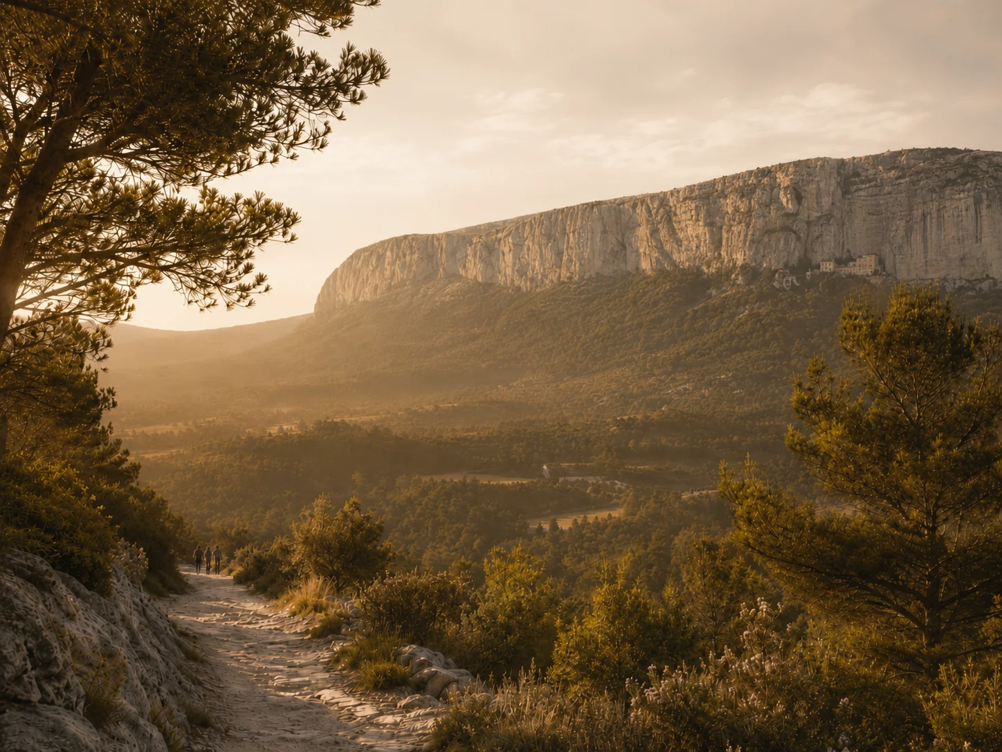 The Sainte-Baume cliff at golden hour, with the path leading up to the cave