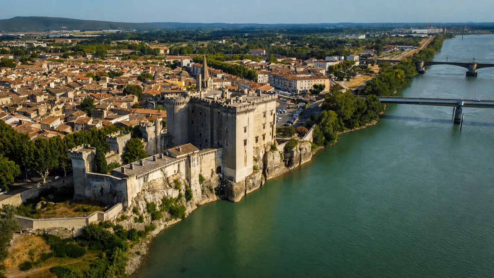 The castle of Tarascon on the banks of the Rhône, aerial view